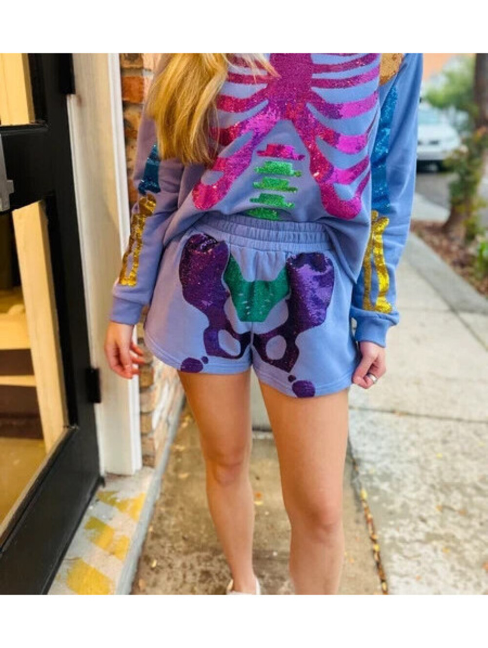 QUEEN OF SPARKLES LAVENDER MULTI SEQUIN SKELETON PELVIS SHORTS XL NWT